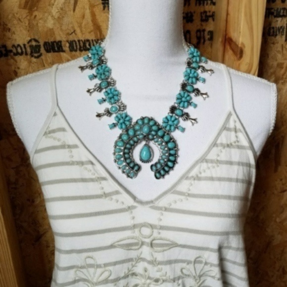 Squash Blossom SILVER Tone TURQUOISE Necklace - Picture 3 of 7